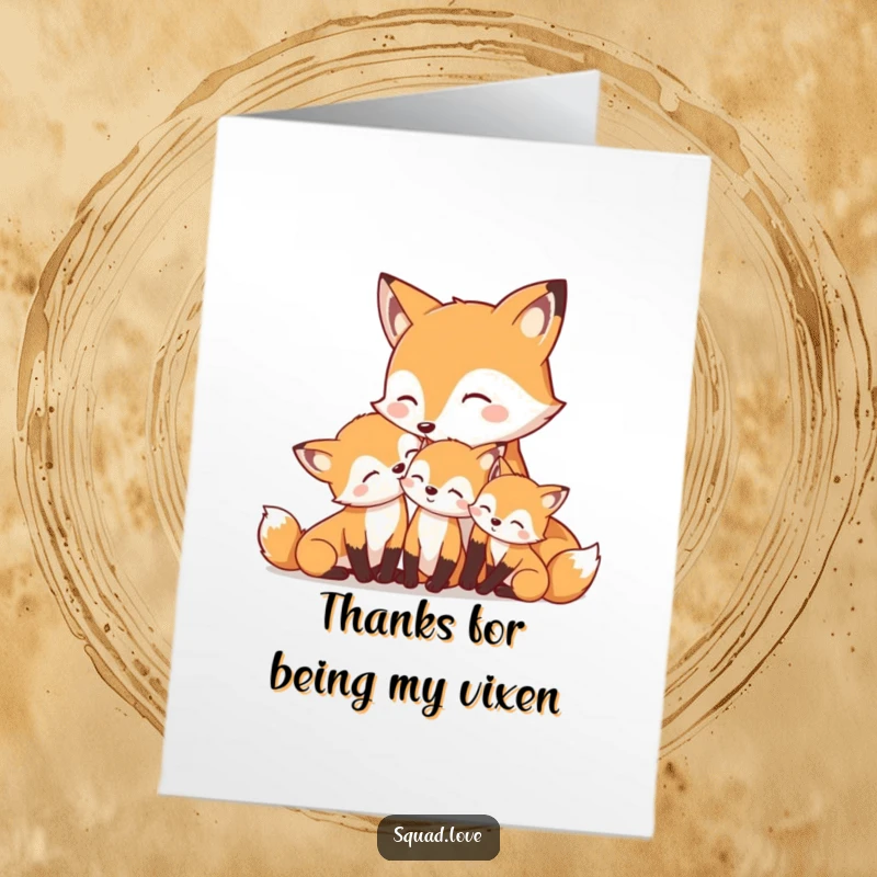 Funny Free Printable Thank You Card of a mother fox tenderly nuzzling her smiling kits, conveying deep thanks.