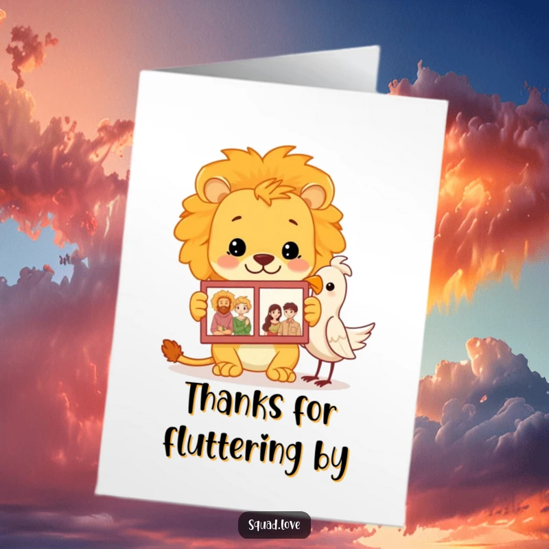 Free Printable Thank You Card: A proud lion sharing family photos from an album with a bird, expressing deep gratitude.