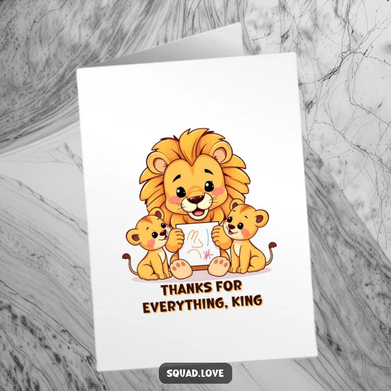 Funny Free Printable Thank You Card: A proud lion dad shares a crayon drawing with his cubs, conveying thanks.