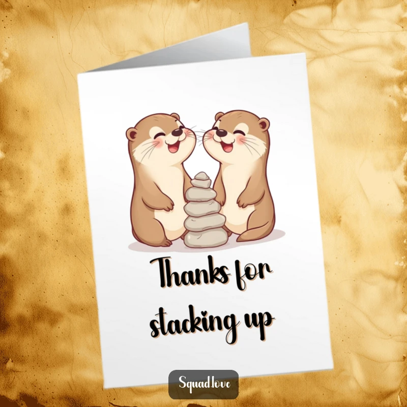 Funny Free Printable Thank You Card: Two otter pals share a laugh while balancing stones, expressing thanks.
