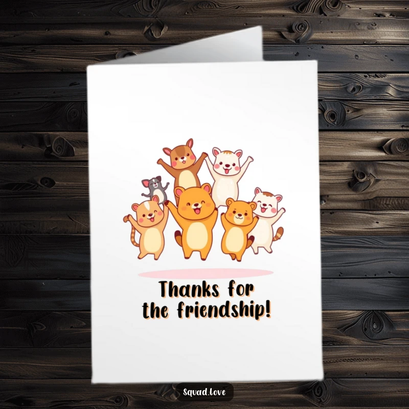 Funny Free Printable Thank You Card with a group of diverse animal friends holding hands and jumping joyfully, sharing thanks.