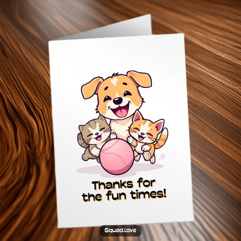 Funny Free Printable Thank You Card: Dog and cat in a fun chase, playfully batting at a bouncing ball.