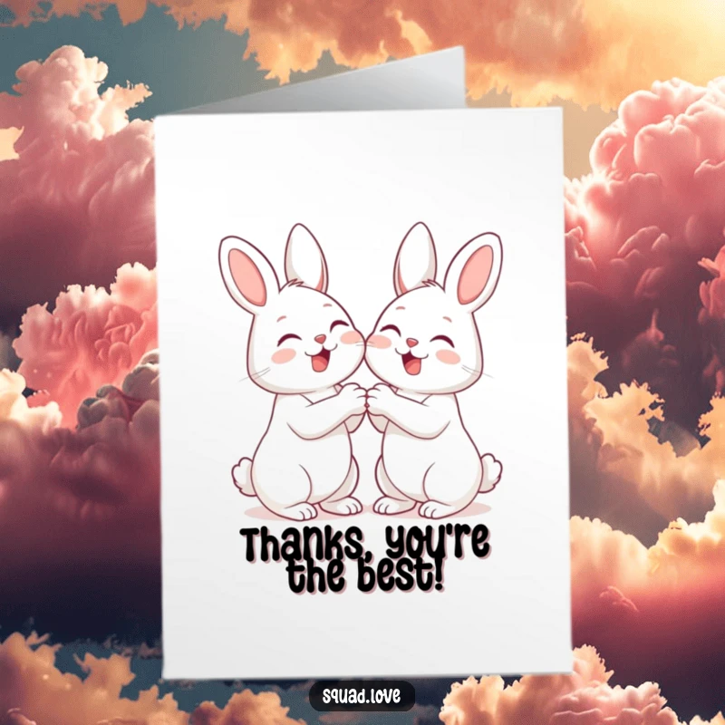 Funny Free Printable Thank You Card: Two happy bunnies holding paws and giggling, expressing heartfelt thanks.