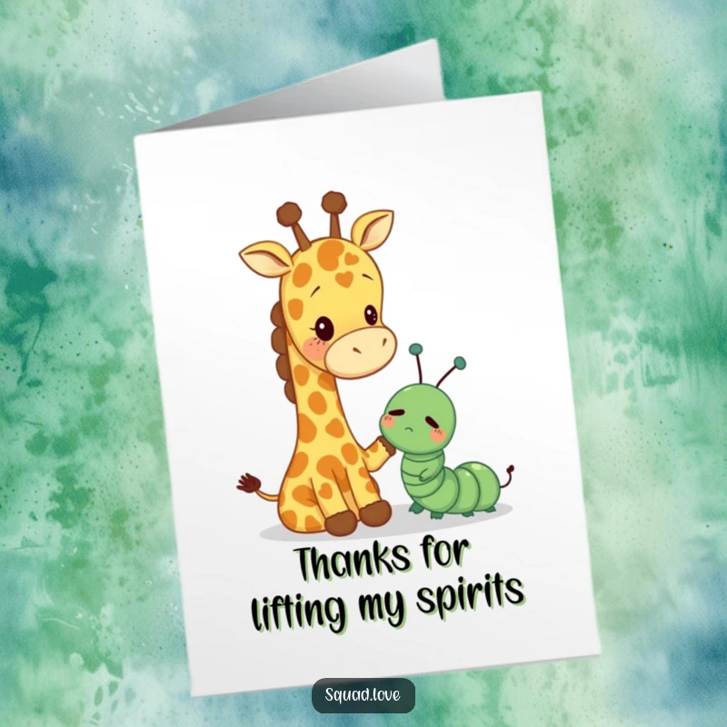 Funny Free Printable Thank You Card: A kind giraffe comforts a sad caterpillar, expressing gratitude with gentle support.