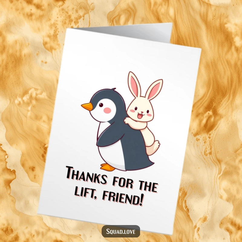 Funny Free Printable Thank You Card featuring a penguin giving a rabbit a piggyback ride, a symbol of fun help.