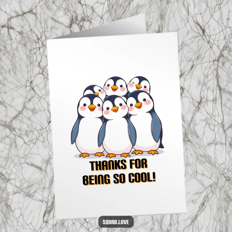 Funny Free Printable Thank You Card: A cluster of smiling penguins huddled together, conveying warm appreciation.