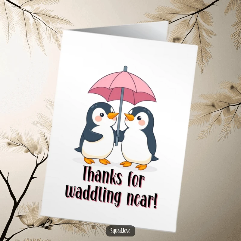 Funny Free Printable Thank You Card: Two playful, giggling penguins share an umbrella, showing their thanks.