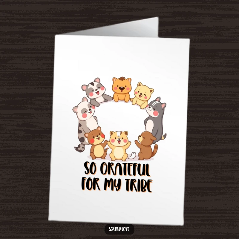 Funny Free Printable Thank You Card featuring diverse animal friends in a circle, holding hands and laughing with thanks.