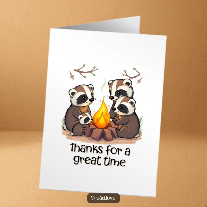 Funny Free Printable Thank You Card: A badger family sits around a glowing campfire, conveying thanks.