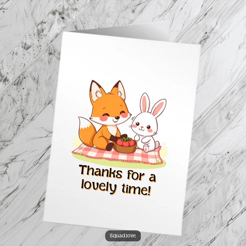 Funny Free Printable Thank You Card: Smiling fox and friendly rabbit sharing food on a picnic blanket.