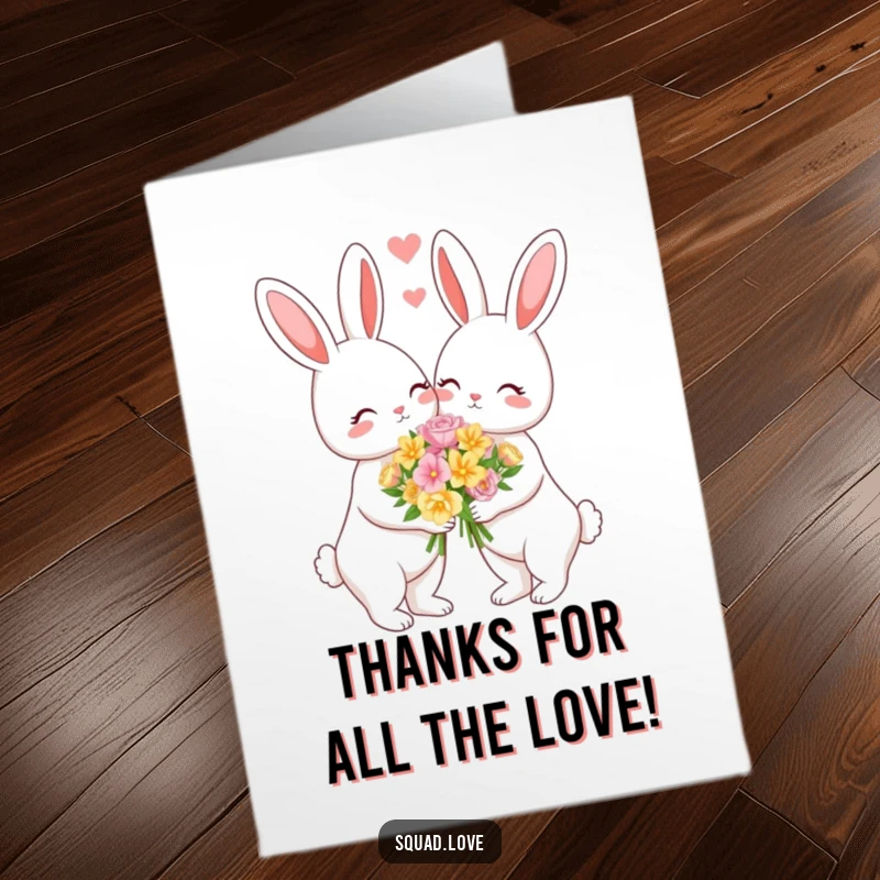 Funny Free Printable Thank You Card with a loving bunny couple presenting a flower bouquet, conveying sweet and genuine thanks.
