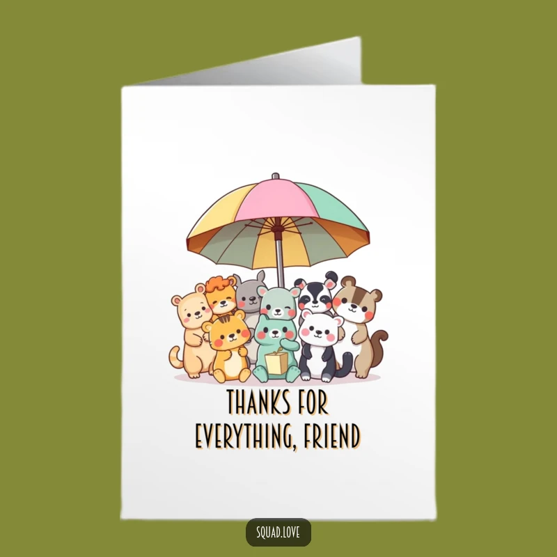 Free Printable Thank You Card: Animal Friends Share Umbrella, Thank You Message