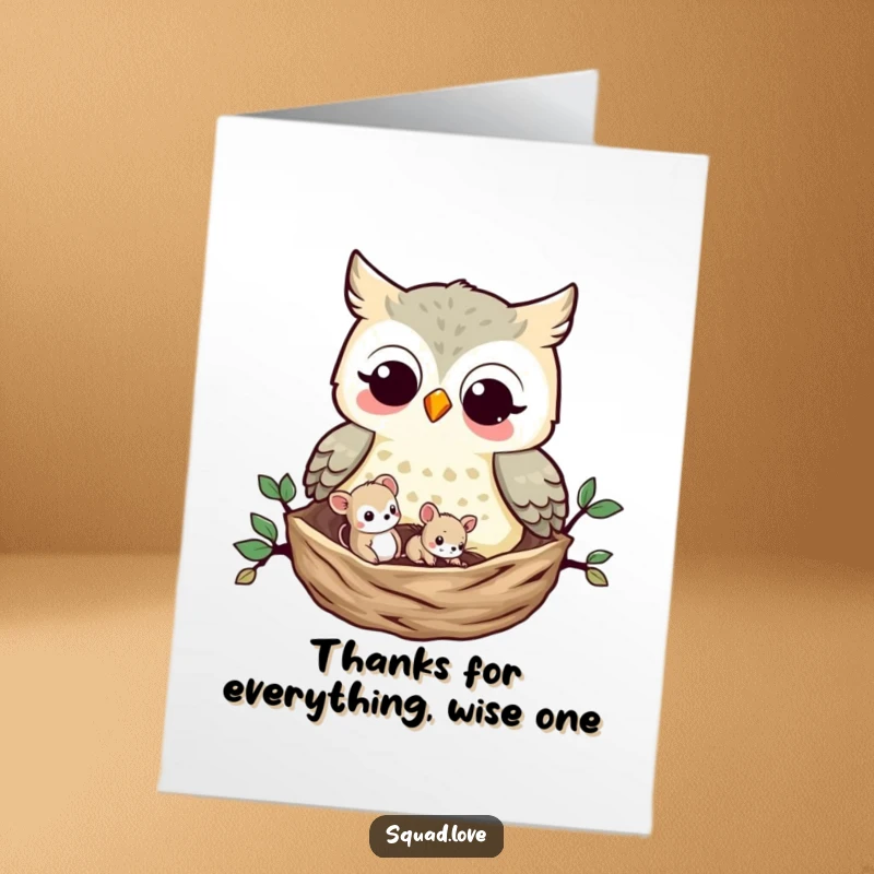 Funny Free Printable Thank You Card: An owl and a mouse nestle together, depicting a grateful and funny bond.