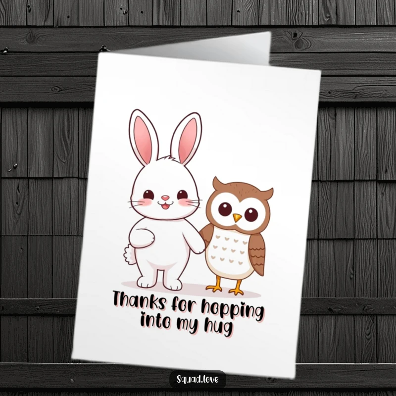 Funny Free Printable Thank You Card: A beaming kawaii bunny and smiling owl holding hands, conveying sincere thanks.