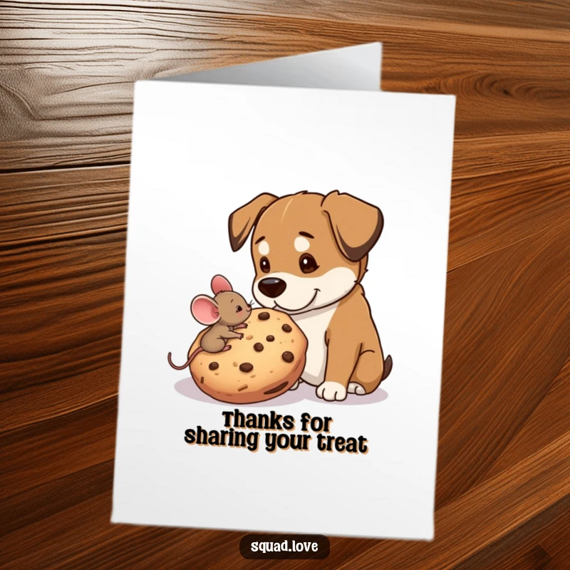 Funny Free Printable Thank You Card: A tiny mouse and a big dog bond over a massive cookie, sharing sweetness and gratitude.