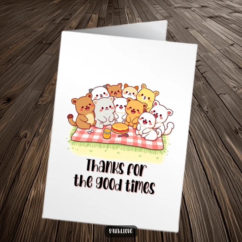 Funny Free Printable Thank You Card with kawaii animals enjoying a picnic and laughing, a delightful way to say thanks.
