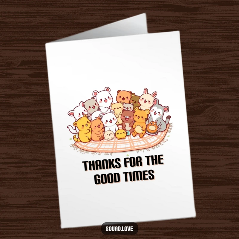 Cute Free Printable Thank You Card: Many different kawaii animals gathered on a picnic blanket, laughing and sharing a happy moment.