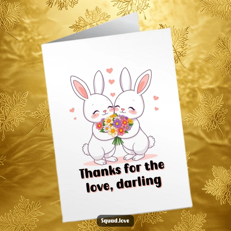 Funny Free Printable Thank You Card depicting a loving bunny couple sharing flowers, a unique way to say thanks.