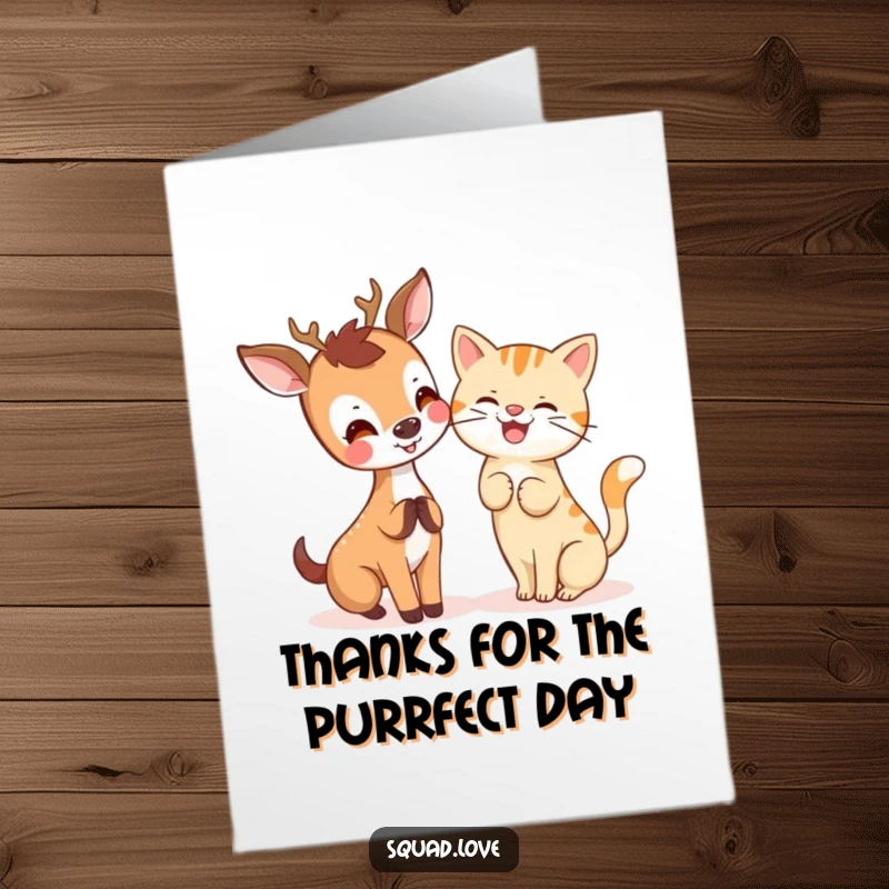 Funny Free Printable Thank You Card: A kawaii deer shares a funny secret with a cat that can't help but giggle.