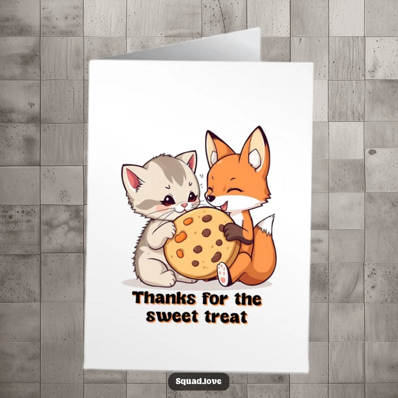 Free Printable Thank You Card: A playful kitten and a fox sharing a large cookie, expressing gratitude and friendship.