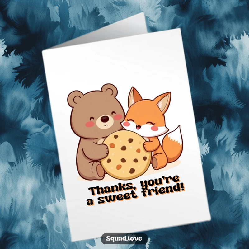 Funny Free Printable Thank You Card: A bear and fox joyfully sharing a giant cookie, expressing thanks.