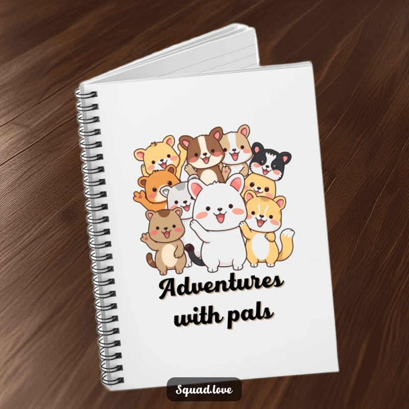 Funny notebook cover with diverse animal friends waving enthusiastically, ideal for jotting notes with a cheerful reminder of friendship.