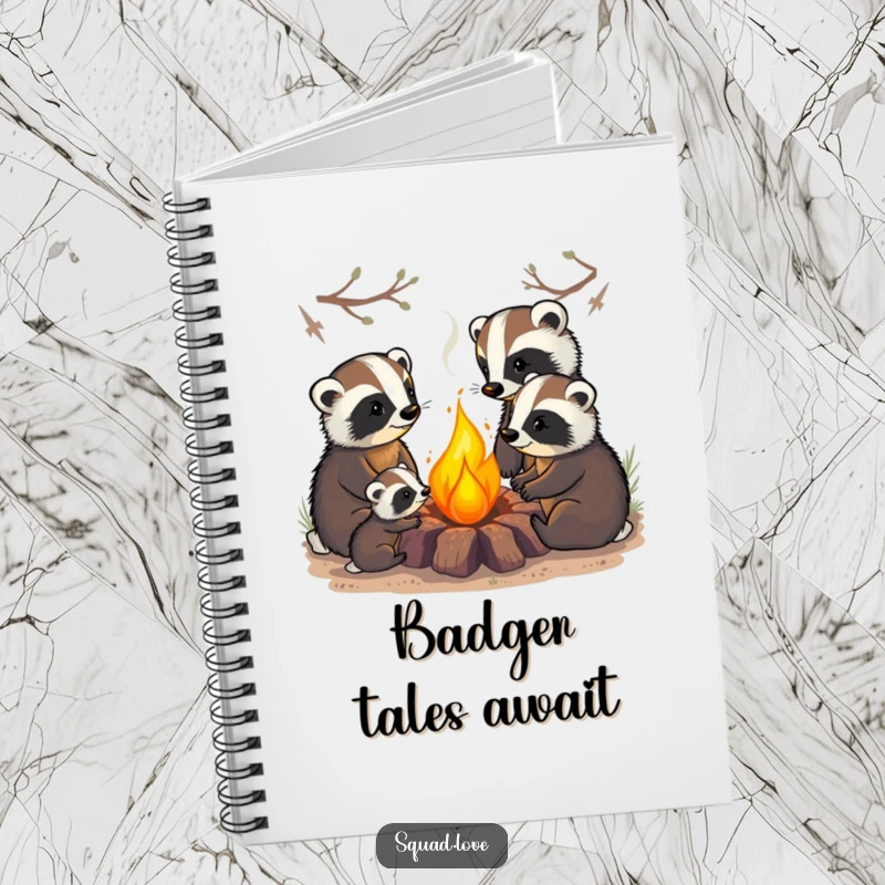 Funny notebook with a badger family cozily gathered around a warm campfire, perfect for jotting down thoughts and creative stories.