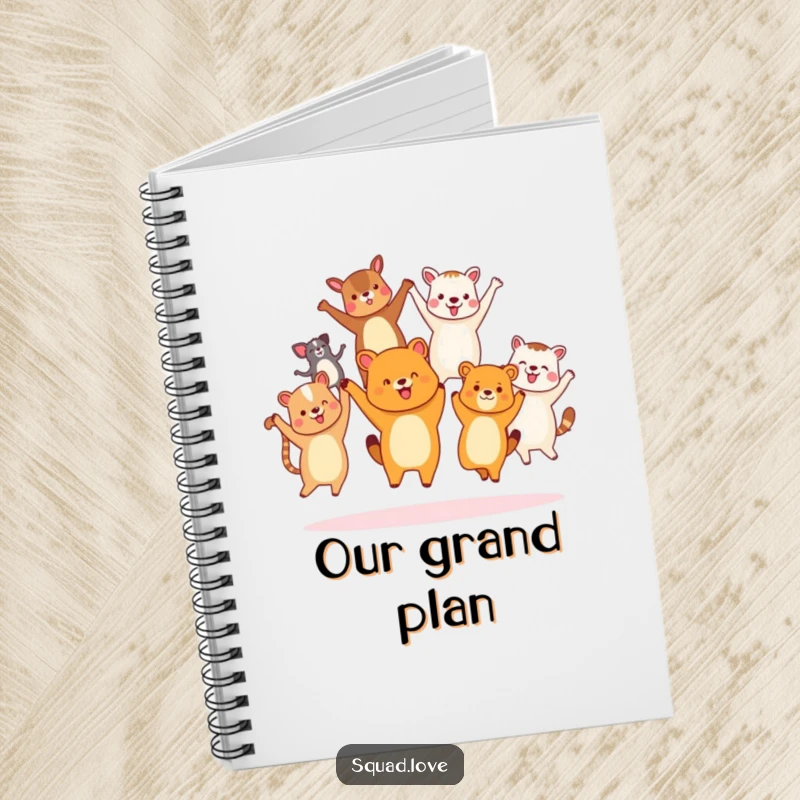 Funny diverse animal friends notebook, holding hands and jumping joyfully, perfect for jotting down ideas about unity.