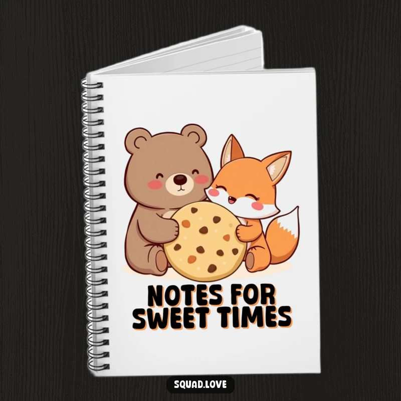 Funny Notebook cover featuring a happy bear and fox sharing a giant cookie, ready for notes.