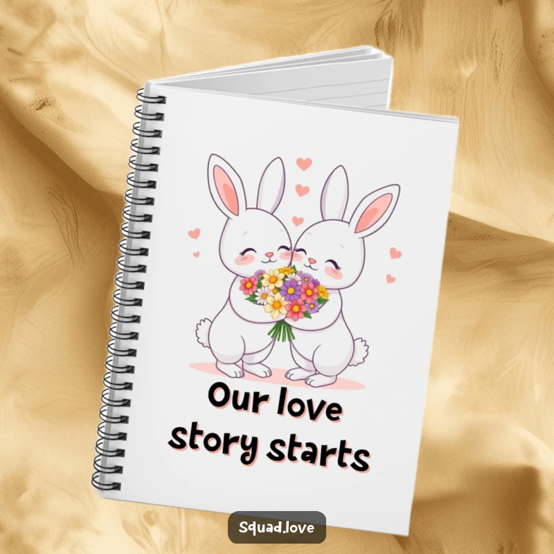 Funny notebook with a loving bunny couple sharing a flower bouquet, perfect for journaling and creative writing.