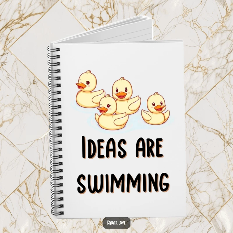Funny notebook with a smiling duck family swimming in perfect formation, perfect for jotting down cheerful thoughts and creative ideas.
