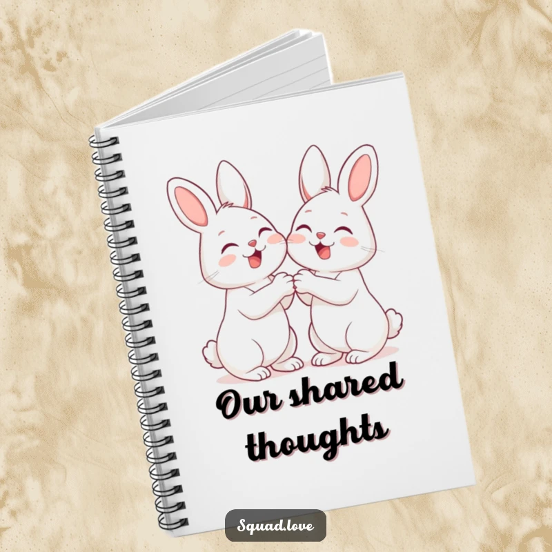 Funny notebook with two cute bunnies holding paws and giggling, ideal for jotting down notes, thoughts, or friendship memories.