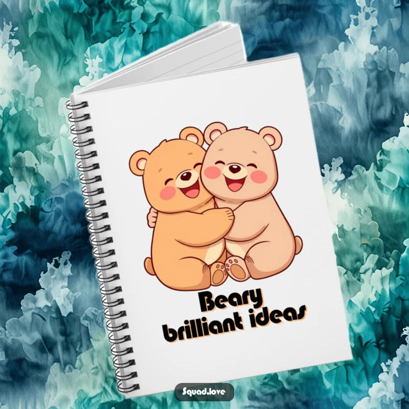 Funny notebook cover featuring two smiling bears with pink cheeks, hugging each other tightly, symbolizing friendship and happy ideas.