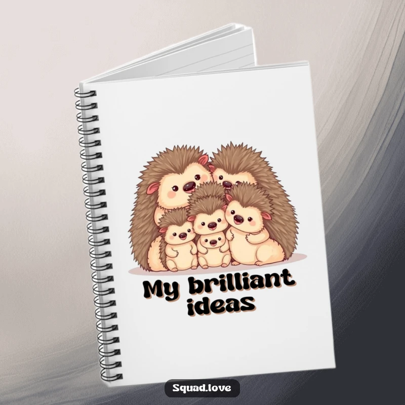Funny notebook with a cozy family of hedgehogs huddled together, perfect for jotting down notes or ideas.