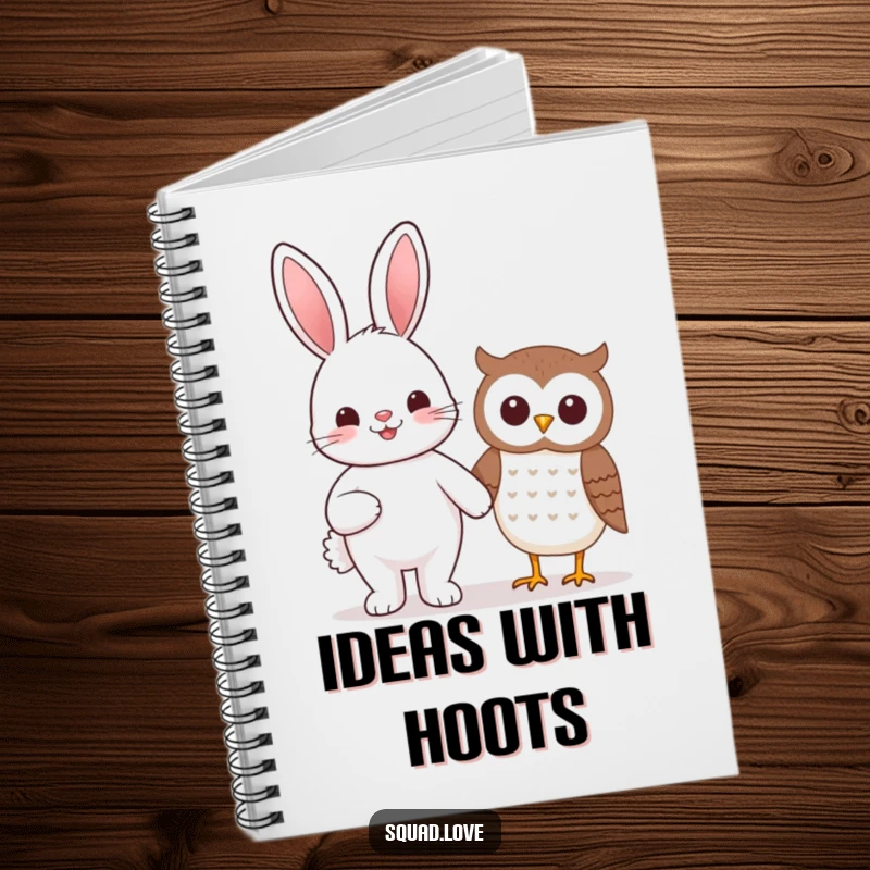 Funny beaming kawaii bunny and smiling owl holding hands on the cover of this cute notebook.