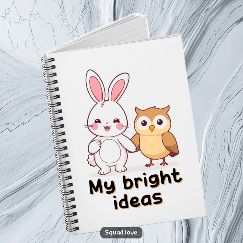 Funny notebook featuring a beaming kawaii bunny holding hands with a smiling owl, perfect for journaling and creative ideas.