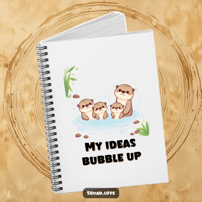 Funny notebook cover with a kawaii otter family happily splashing in a bubbly stream, ideal for notes and sketches.
