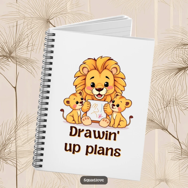 Funny notebook with a proud lion father displaying a crayon drawing to his cubs, perfect for jotting down notes and creative ideas.