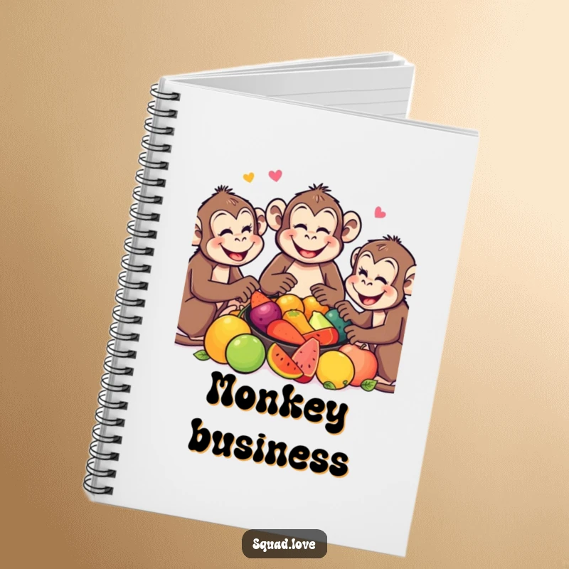 Funny Monkey Notebook: Smiling monkeys sharing a fruit feast, perfect for jotting down joyful thoughts and plans.