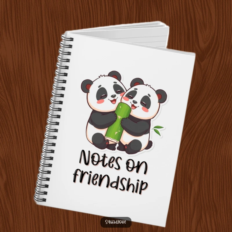 Funny Notebook featuring two smiling pandas hugging on the cover, ideal for journaling and capturing sweet thoughts.