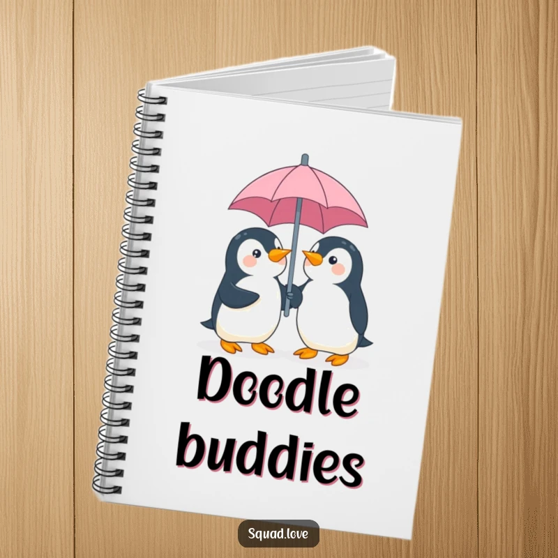 Funny penguin umbrella notebook, featuring two playful penguins giggling and sharing an umbrella; ideal for writing and drawing notes.