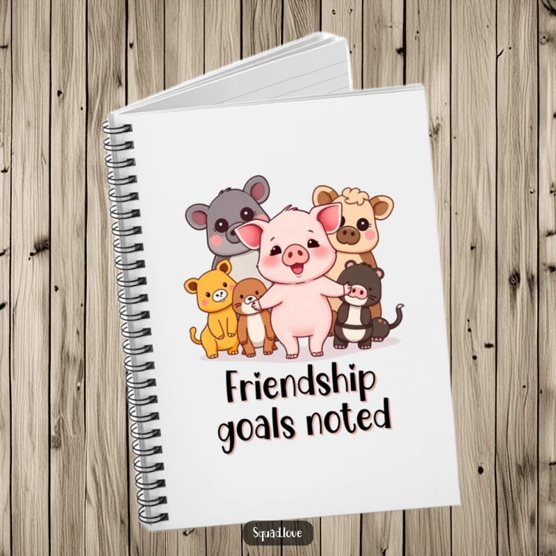 Funny piglet and friends notebook with a happy piglet holding hands with a diverse group of animals on the cover.