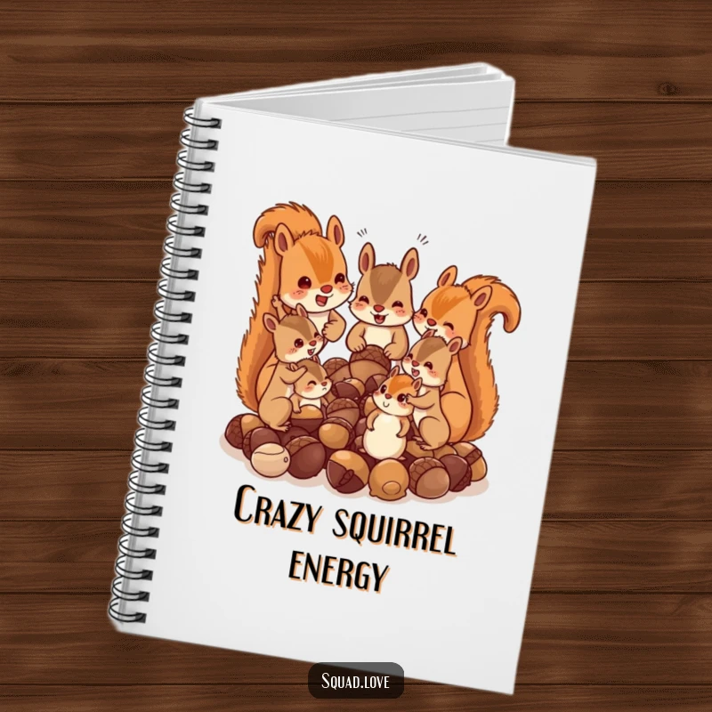 Funny notebook cover with a squirrel family chattering over acorns, ideal for jotting notes with a dose of woodland humor.