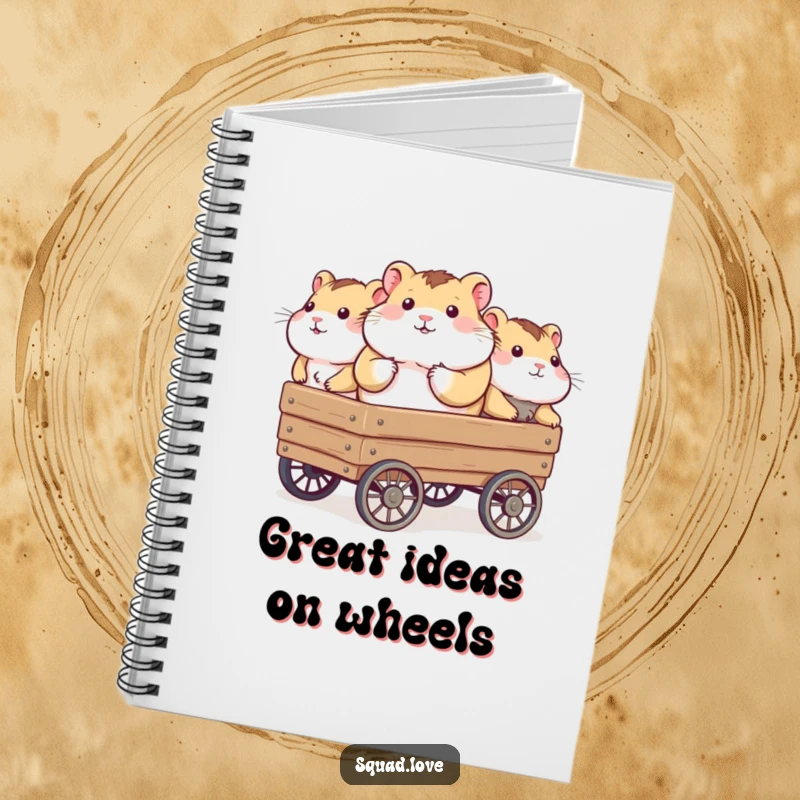 Funny notebook cover showing a plump hamster being carried in a wagon by several smiling friends, perfect for jotting down happy thoughts.