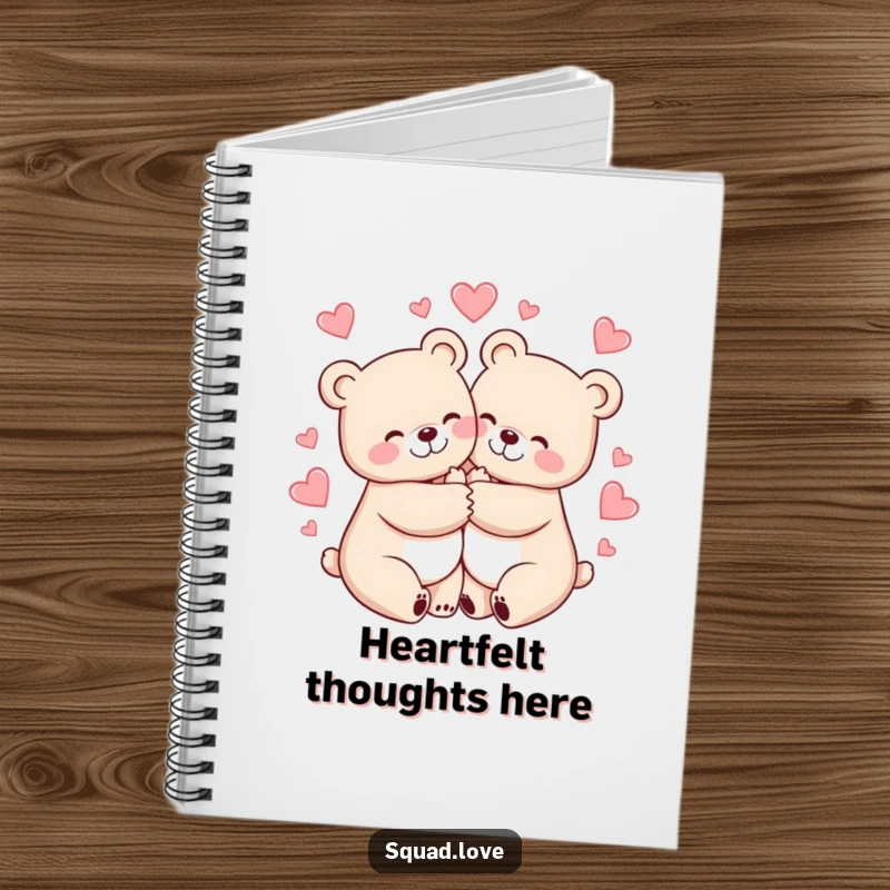 Funny notebook cover featuring two cheerful bears hugging tightly, surrounded by hearts, for taking notes.