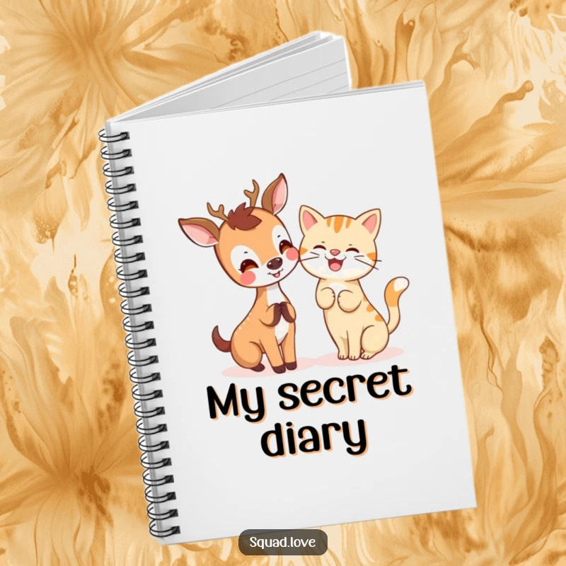 A joyful kawaii deer whispering a secret to a giggling cat, printed on a notebook for cute thoughts.