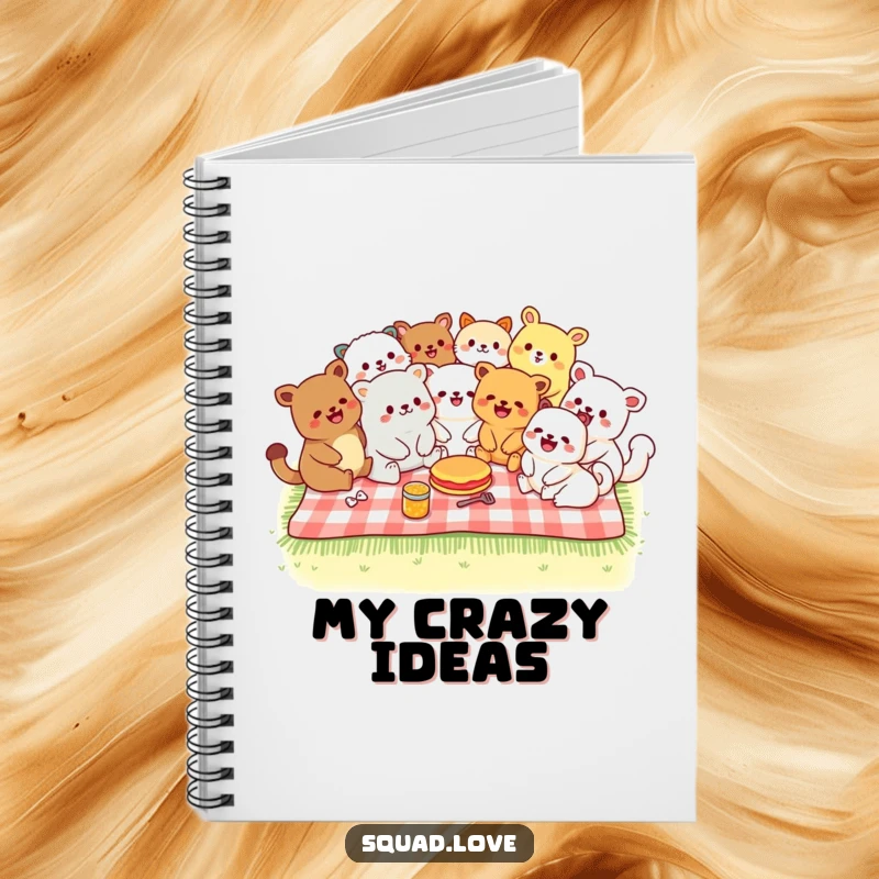 Funny notebook featuring diverse kawaii animals laughing on a picnic blanket, perfect for journaling and creative ideas.