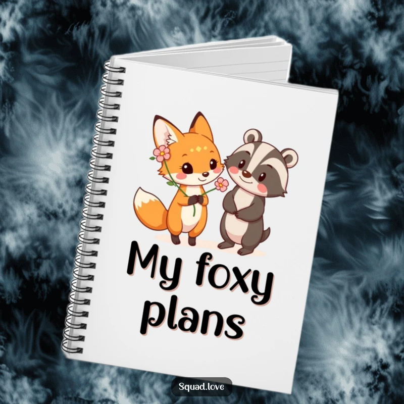 Funny notebook cover with a playful fox offering a flower to a smiling badger, perfect for jotting down nature-inspired thoughts.