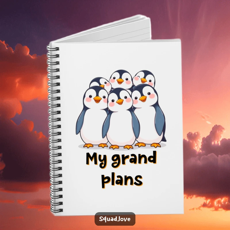 Funny notebook cover with smiling penguins joyfully huddling together, inspiring thoughts of togetherness and warmth.