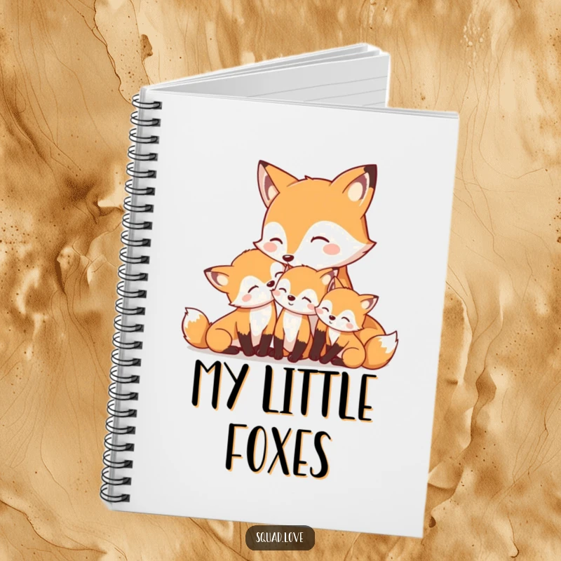 Funny notebook cover with a mother fox nuzzling her smiling kits, ideal for journaling and notes.